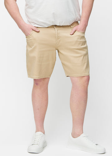Beige shorts til mænd i farven Gazelles med regular pasform set forfra på plus-size model.